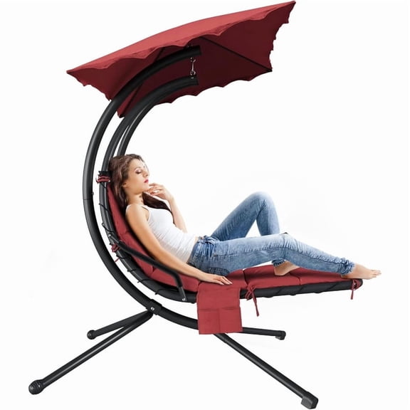 TROPOW Indoor Outdoor Chaise Lounge, Patio ChaiseLounge with Removable Canopy & Built-in Pillow, Hammock Chair with Stand, Curved Steel Frame Patio Hammock for Pool, Garden, Backyard