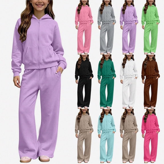 ITSAME Girls Fleece-Lined Outfit 2-Piece Full Zip Hoodie and Wide Leg Pants Fall Winter Warm Casual Set Size 7