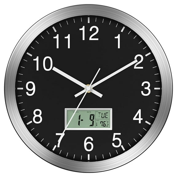 12Inch Wall Clock with Digital Date, Week & Indoor Temp - Battery Operated Clock, Auto Sets,Easy to Read