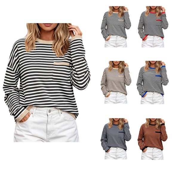 Qiggri Womens Oversized Striped Long Sleeve Shirts Casual Trendy Crew Neck Cotton Tops Drop Shoulder Loose Fit T Shirts Comfortable Fashion Y2K Clothes L
