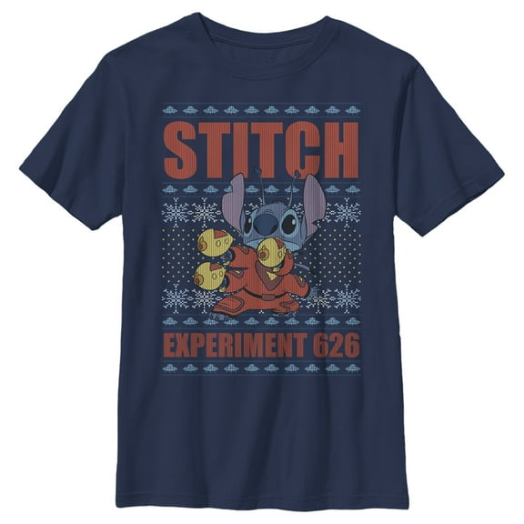 Boy's Lilo & Stitch Experiment 626 Ugly Sweater Graphic Tee Navy Blue Small
