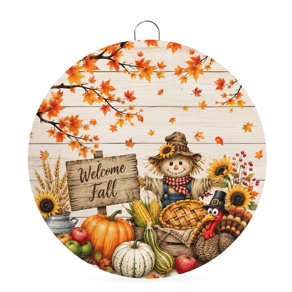 Welcome Sign Front Door Decorations, Thanksgiving Round Wall Art Outdoor Metal Wreaths, Fall Harvest Pumpkins Maple Leaves Wood Seasonal Hanging Sign for Home Porch Decor Warming Gift 6 In