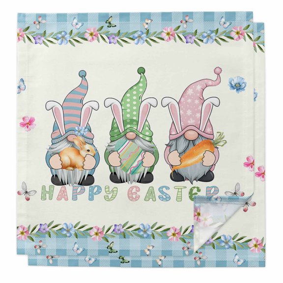 Cloth Napkins Set of 2 - 20x20 Inches, Happy Easter Washable Reusable Table Napkins, Spring Gnomes Rabbit Eggs Floral Lattice Soft & Absortbent Dining Napkin for Party Wedding Hotel Restaurant