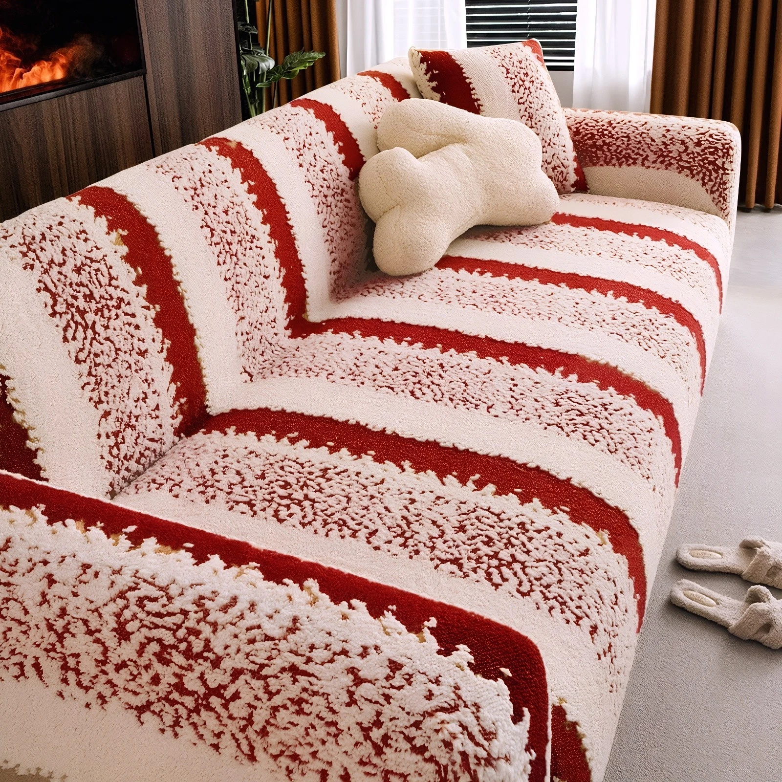 TOPCHANCES Stretch Stripe Sofa Covers, Soft Cotton Blend Velvet Fabric Armchair Loveseat Sofa Slipcover, Non-slip Couch Protector Settee Cover, Friendly to Pets (3-Seater Sofa Cover, Stripe Red)