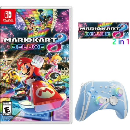 Mario Kart 8 Deluxe Game Disc and Upgraded Switch Pro Controller for Nintendo Switch/PC/IOS/Android/Steam with Hall Effect Joysticks & Hall Effect Triggers Blue