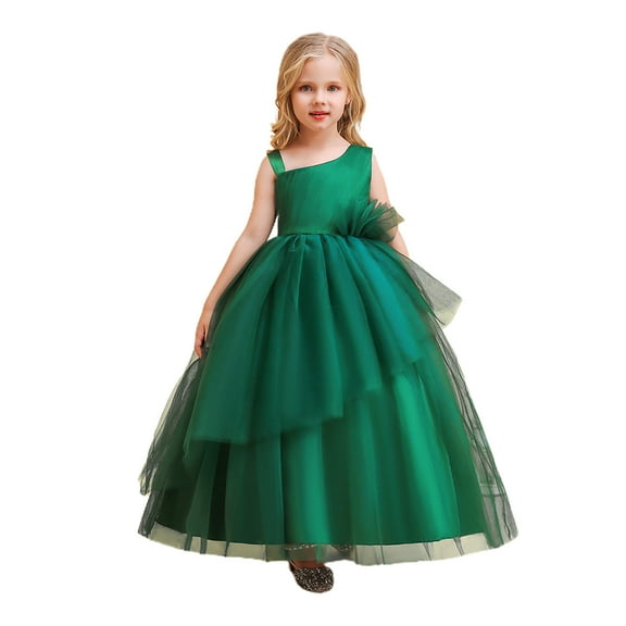 Girls Performance Dress Long Pommel Sleeveless Party Kids Gown for