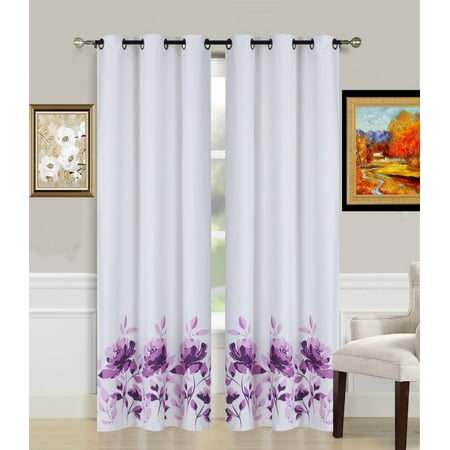 - 2-Piece FLOWER PURPLE Printed Lined Blackout Grommet Window Curtain Treatment, Set of Two (2) Floral Pattern Room Darkening Panels 37