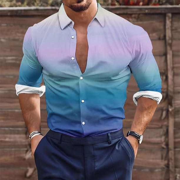 Blusa y camisa de manga larga con cuello vuelto para hombre, estilo casual, a la moda, con botones estampados, blusa de manga larga con cuello vuelto, camisetas de poliéster para hombre