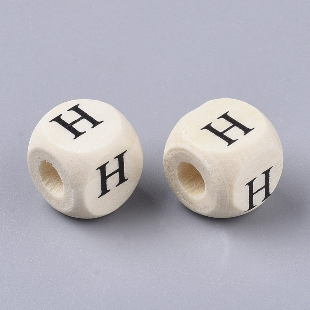 Printed Natural Wood Beads Horizontal Hole Cube with Initial Letter PapayaWhip Letter.H 10x10x10mm Hole: 3.5mm about 1000pcs/500g DIY