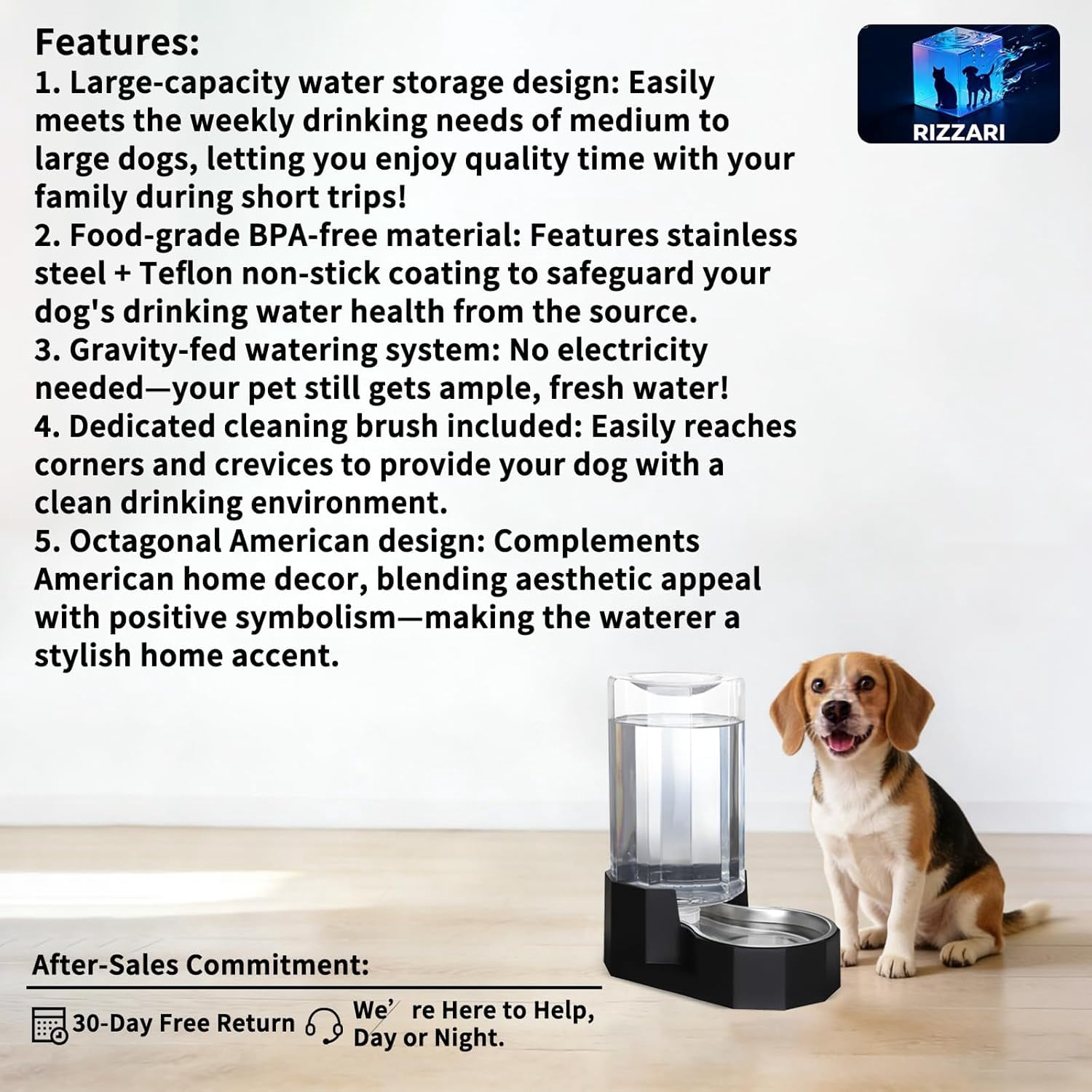 Black 8L Gravity Dog Water Dispenser - Fewer Refills for Multi-Pet Homes, No Power Needed, Spill-Proof, Easy Refill & Maintenance, with Stainless Steel Bowl, for Large Dogs, for Garage/Patio