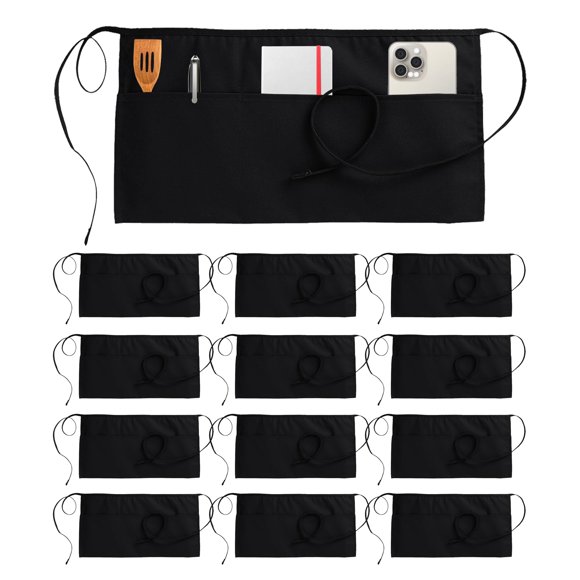 Delantal de mesero Utopia Wear, paquete de 12, negro, 30 cm, 3 bolsillos
