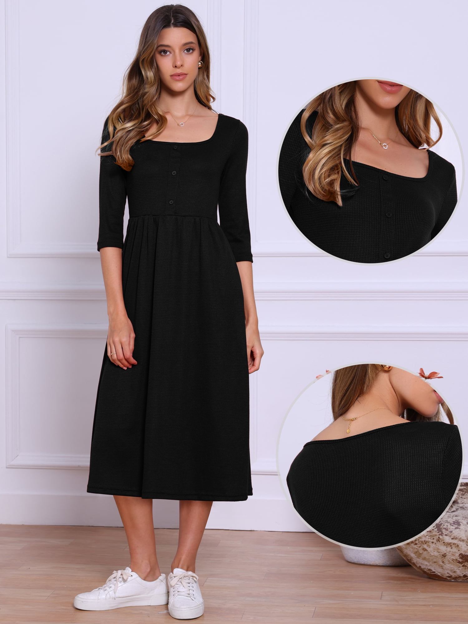 DARING DIVA Women's Casual Midi 3/4 Sleeves Square Neckline Dress L Black