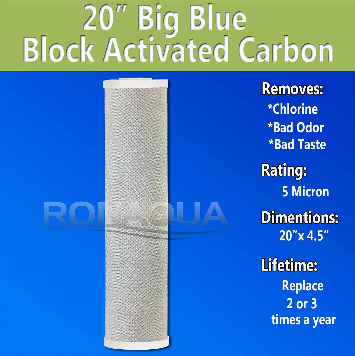 Big Blue CTO Carbon Block Water Filters 4.5" x 20" Whole House Cartridges by Ronaqua (6 Pack)