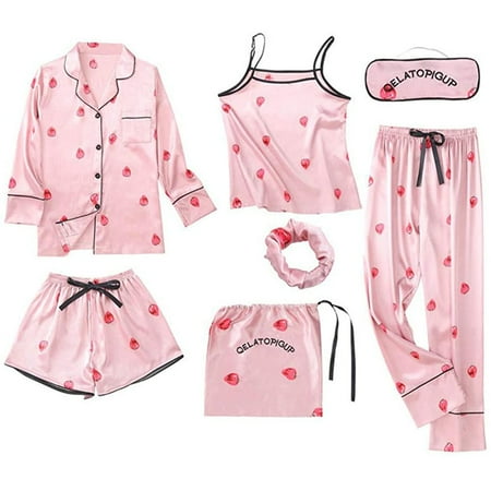 

HHei_K 7PC Silk Women Lingerie Camisole Print Shorts Pant Pajamas Blindfold Sleepwear