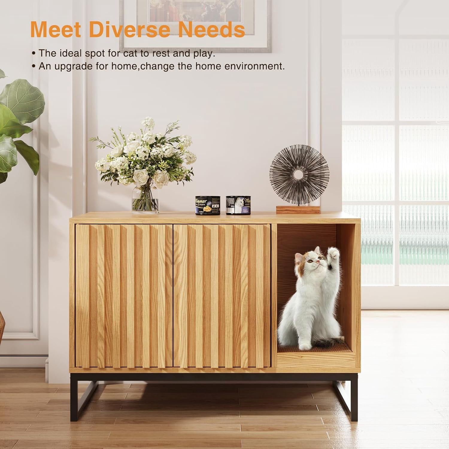 Vabches Hidden Cat Litter Box Enclosure Furniture, Multi-Functional Cat Washroom Bench with Cat Scratching Pad and Fluted Doors