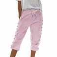 thumbnail image 5 of Jxximdong Capris Pants for Women, Striped Side Button 3/4 Pants Fashionable Loose Elastic Waist Straight Leg Comfortable Trousers, Red Women's Cropped Pants, 5 of 9