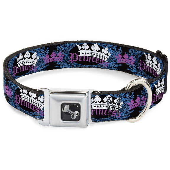 Buckle-Down Pet Collar, Dog Collar Metal Seatbelt Buckle, Crown Princess Oval Black Turquoise, 9.5 to 13 Inches 1.0 Inch Wide