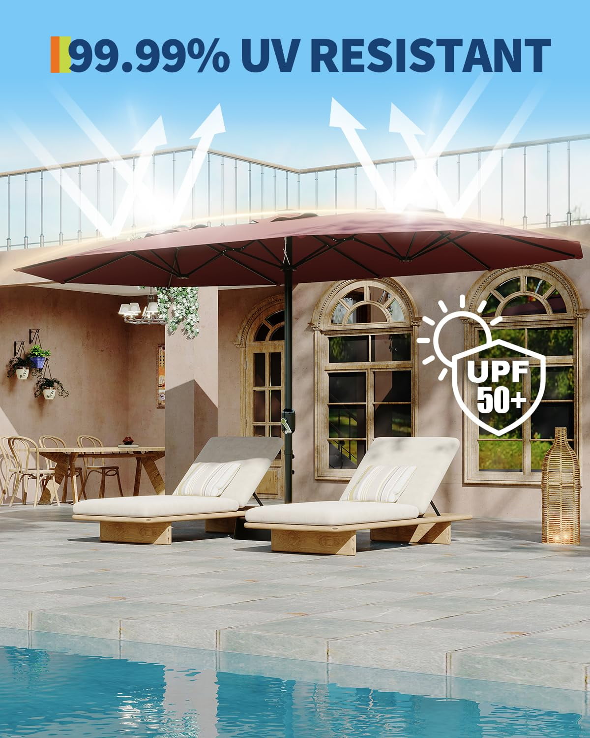 15ft Large Patio Umbrellas with Base,Outdoor Double-Sided Rectangle Market Umbrella,Crank Handle for Easy Opening,Perfect for Pool Lawn Garden,Durable & Stylish Design,UV Protection for Sun Safety