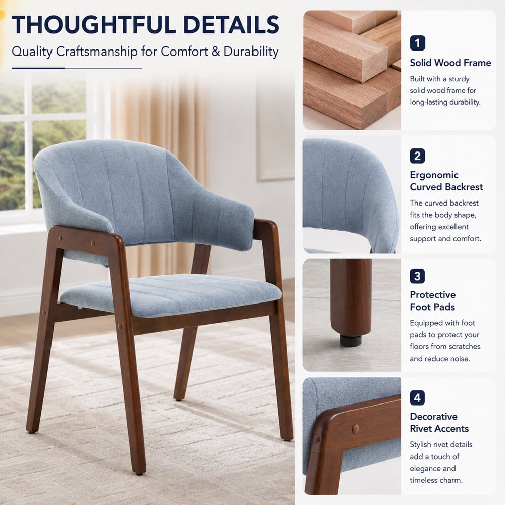 MOONMISS Mid-Century Modern Upholstered Dining Chair with Curved Back and Wooden Frame, Fabric Armchair for Dining Room Kitchen Living Room