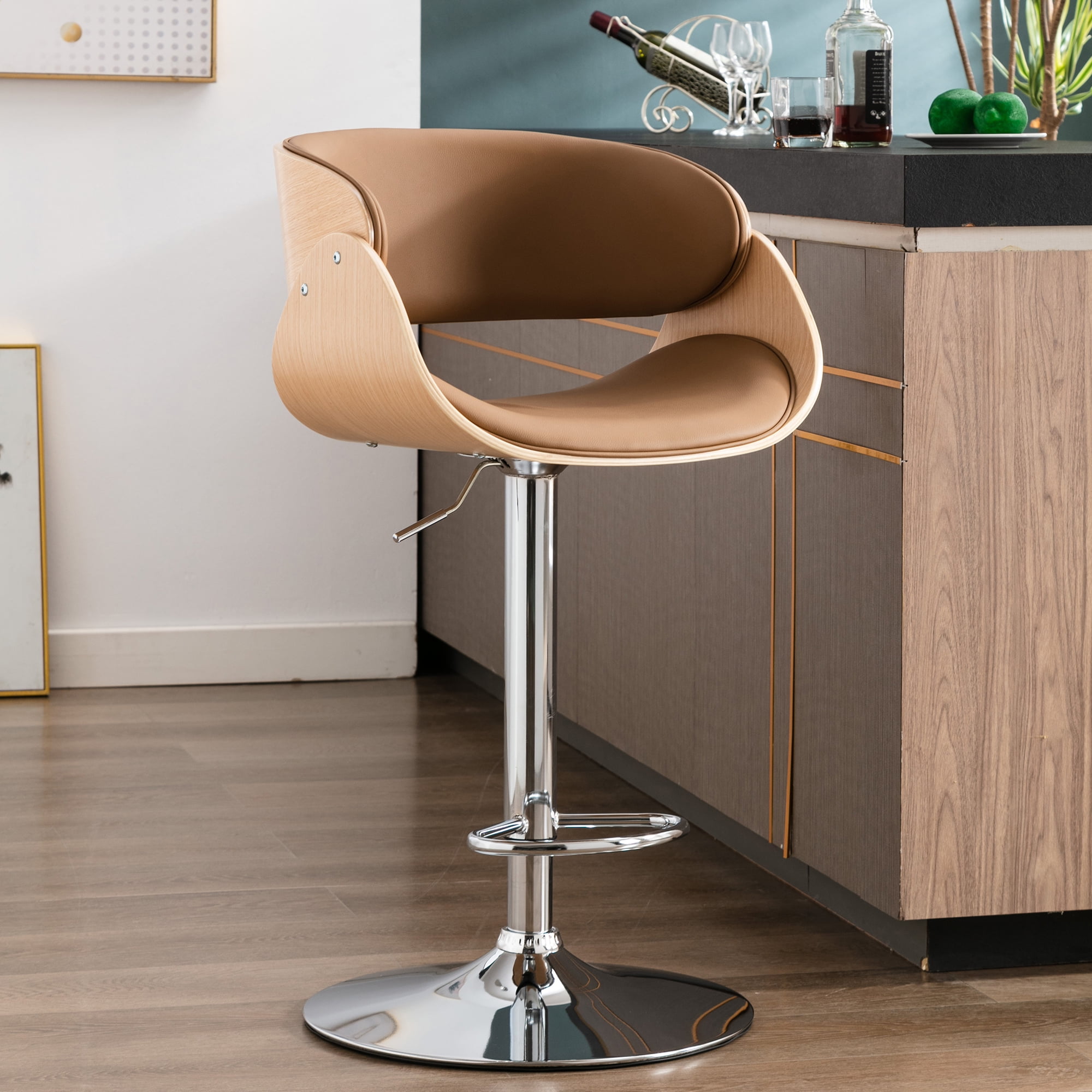 Private Jungle Adjustable/Swivel Bar Stool, PU Leather Ecru Bent wood Bar Chair Private Jungle Adjustable/Swivel Bar Stool, PU Leather Ecru Bent wood Bar Chair