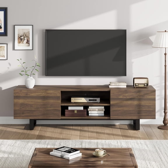 Industrial TV Stand for 65  inch TVs, Modern Entertainment Center with 2 Drawers, Wooden Media Cabinet with Heavy Duty Leg & Open Storage, TV Console Table for Living Room, Bedroom, Walnut