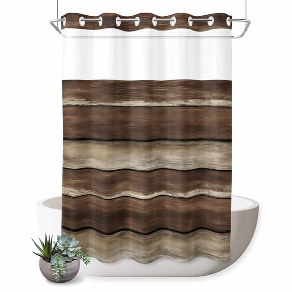 No Hook Shower Curtain, Brown Wooden Shower Curtains for Bathroom with See Through Top Window, Vintage Farmhouse Retro Art Waterproof & Washable Bath Curtain Stall 48"x72"
