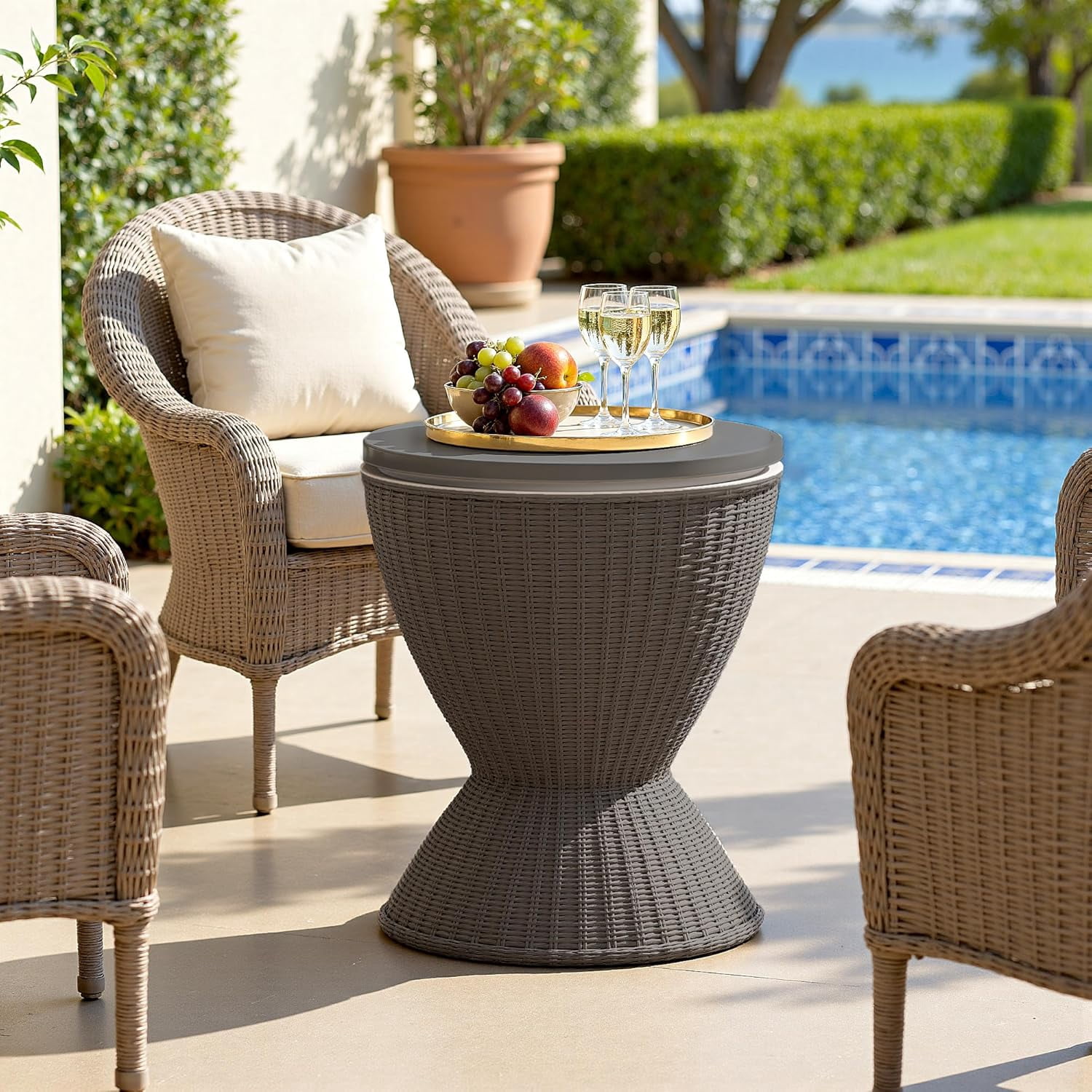 JFTER 3-in-1 Resin Ice Bucket & Beverage Cooler – Wood Look Patio Table, UV Protection & Drain Plug for Outdoor Parties, Bars, and Poolside Use