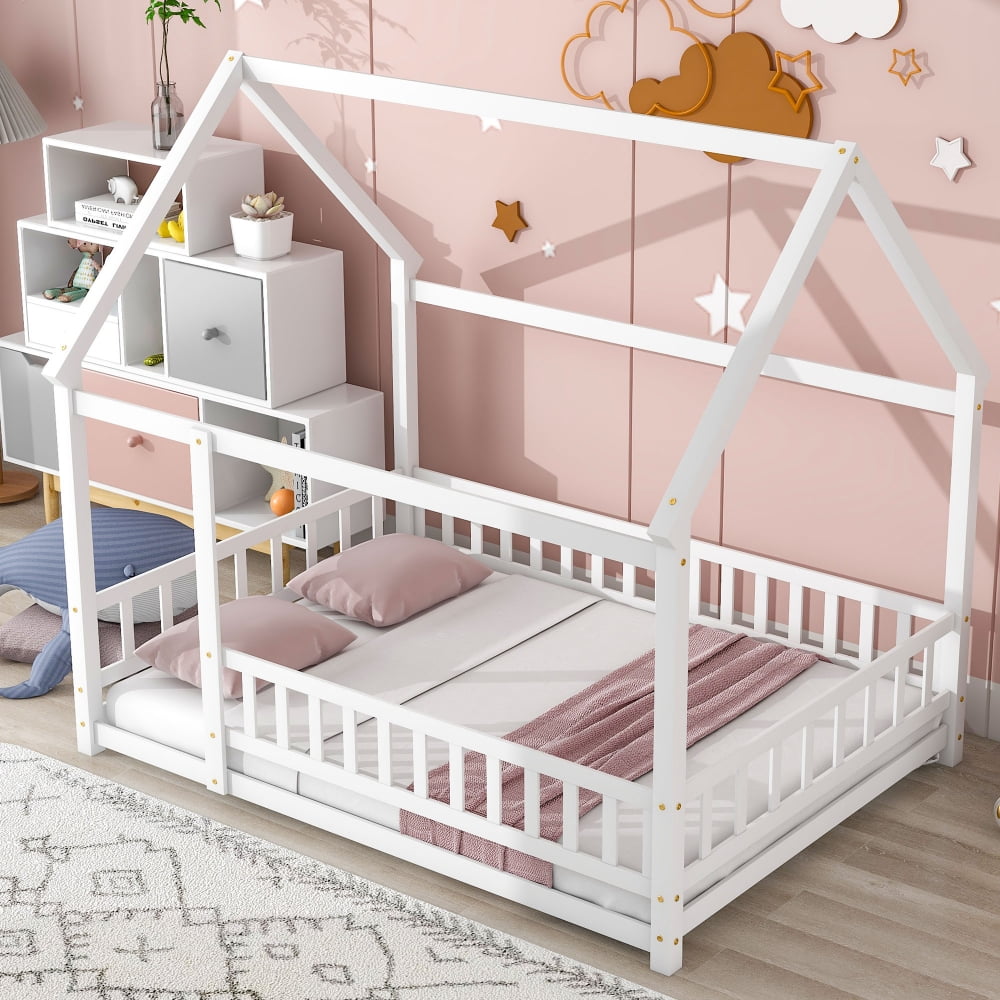Full Size House Bed, Solid Wood Montessori Floor Bed, Kids Toddler Montessori Bed Frame with Roof Design and Full-Length Guardrail, Playhouse Floor Bed for Kids Girls Boys, White