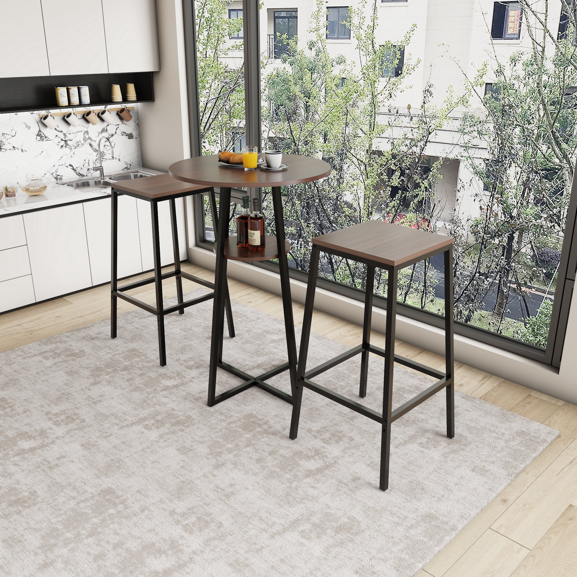 3 Piece Round Counter Height Bar Table Set With 2 Backless Bar Stools, Pub Bistro Table With Middle Storage Shelf, Industrial Wood Frame High Dining Table For Balcony, Kitchen & Small Apartment Home