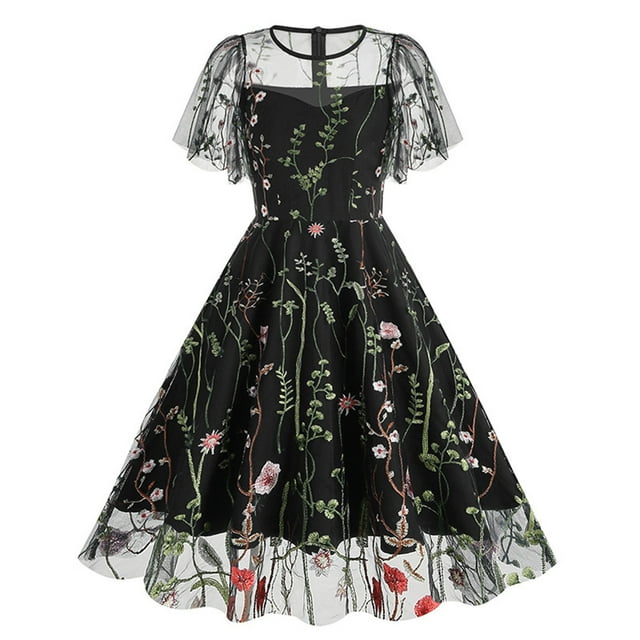Meichang Robe Trapèze en Maille pour Femme, Robe Midi Rétro à Fleurs Évasée, Tunique Mode à Manches Courtes, Col Ras du Cou, Robe d'Été Évasée pour Église, Invitée de Mariage, Travail