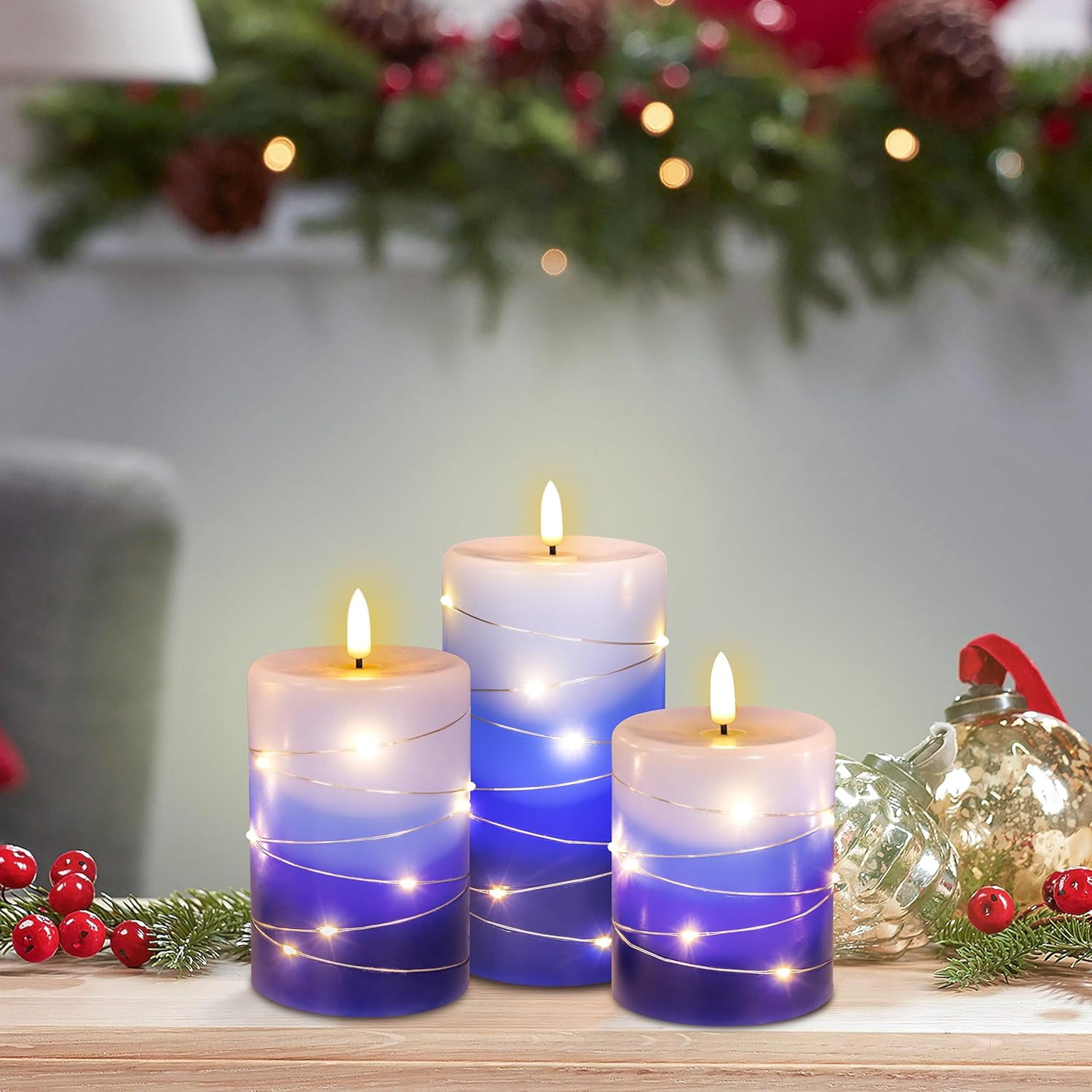 ZM Flameless Candles with String Lights, Battery Operated Candles with Remote Control and Timer,Flickering LED Pillar Candles for Home Decoration,Real Wax, Gradient Blue (3-Pack)