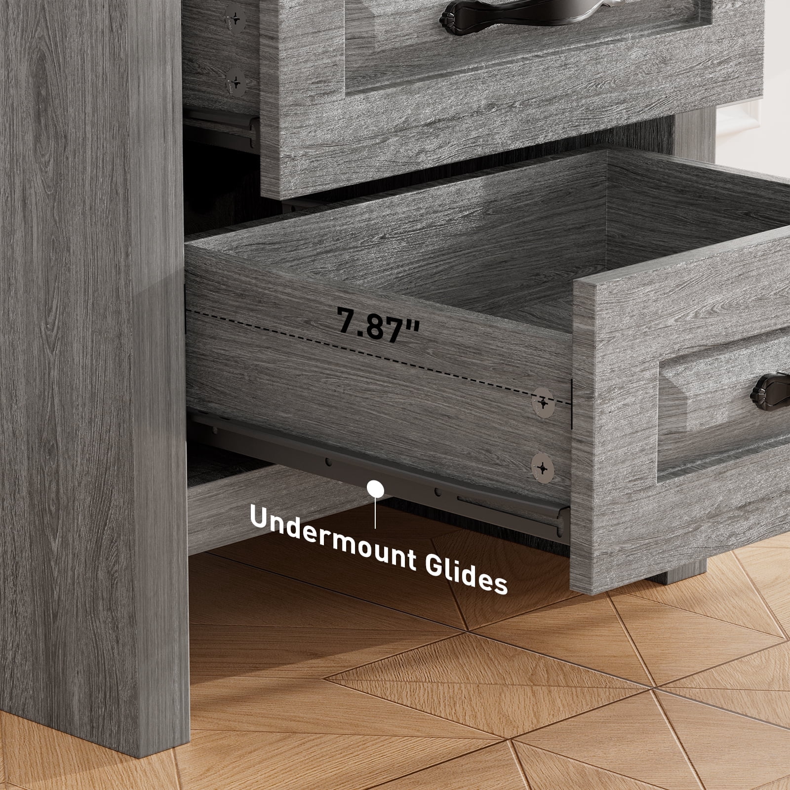 CHITOOMA 2-Drawer Nightstand with Charging Station, Farmhouse Bedside Table with Open Shelf, Small Wood End Table for Bedroom Living Room, Gray