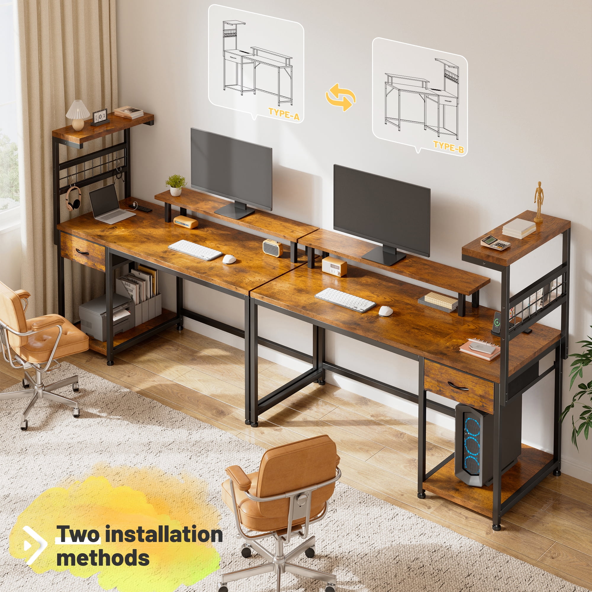 EnHomee 47.2" W Computer Desk with Power Outlets and LED Lights, Rustic Brown Gaming Desk with Drawers, Home Office Desk with Monitor Stand