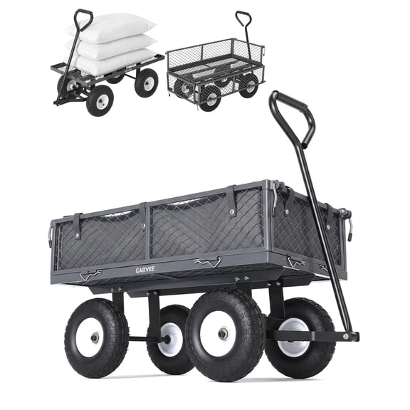 Heavy Duty 400 lbs Garden Cart Wagon–Steel Utility Cart–10" All-Terrain Pneumatic Tires–Removable Mesh Sides, Waterproof Liner–For Lawn, Yard, Farm, Gardening – Grey