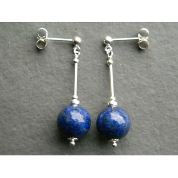 K-KED Smooth Round Blue Lapis Lazuli Gemstone beads Silver Stud Drop Earrings 10mm
