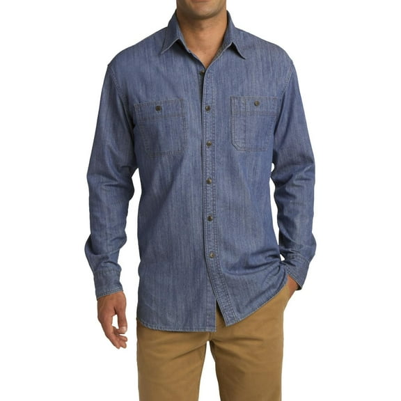 Just Blanks Patch Pockets Denim Shirt Cuffs With Button Through Sleeve Plackets Slight Shirttail Hem, Light Indigo, 4XL