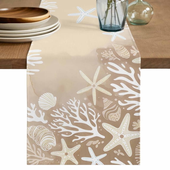 Summer Ocean Starfish Table Runner 72 Inches, Coastal Coral Beach Conch Vintage Brown Bed Runner Dresser Scarves Tabletop for Indoor Outdoor Parties/Ceremony/Banquet, 16" x 72"