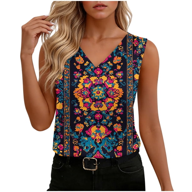 TaTaai V Neck Satin Printed Women Tank Top Sleeveless Silk-like Soft Machine Washable No Fading Breathable Non See-through Casual Fashion Daily Wear Top Gift