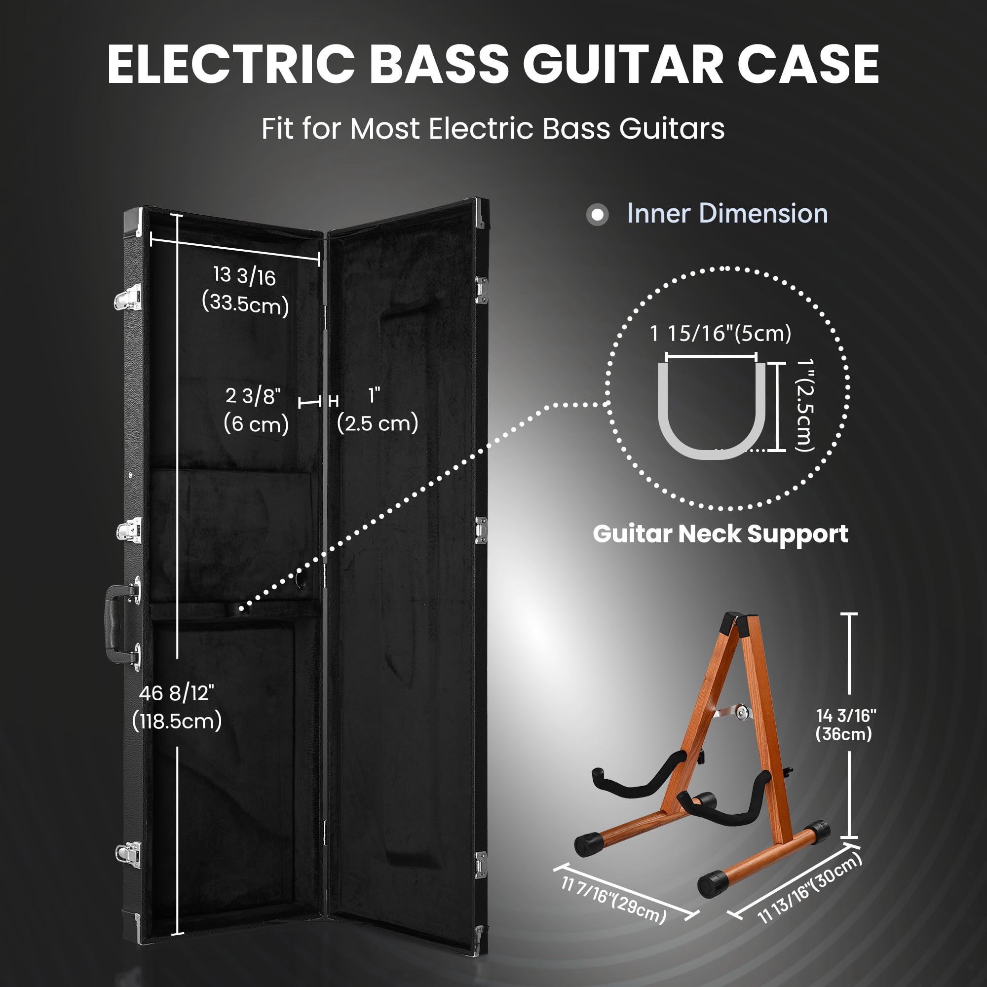 Yescom Rectangular Electric Bass Guitar Case Hard Shell w/ Folding Guitar Stand