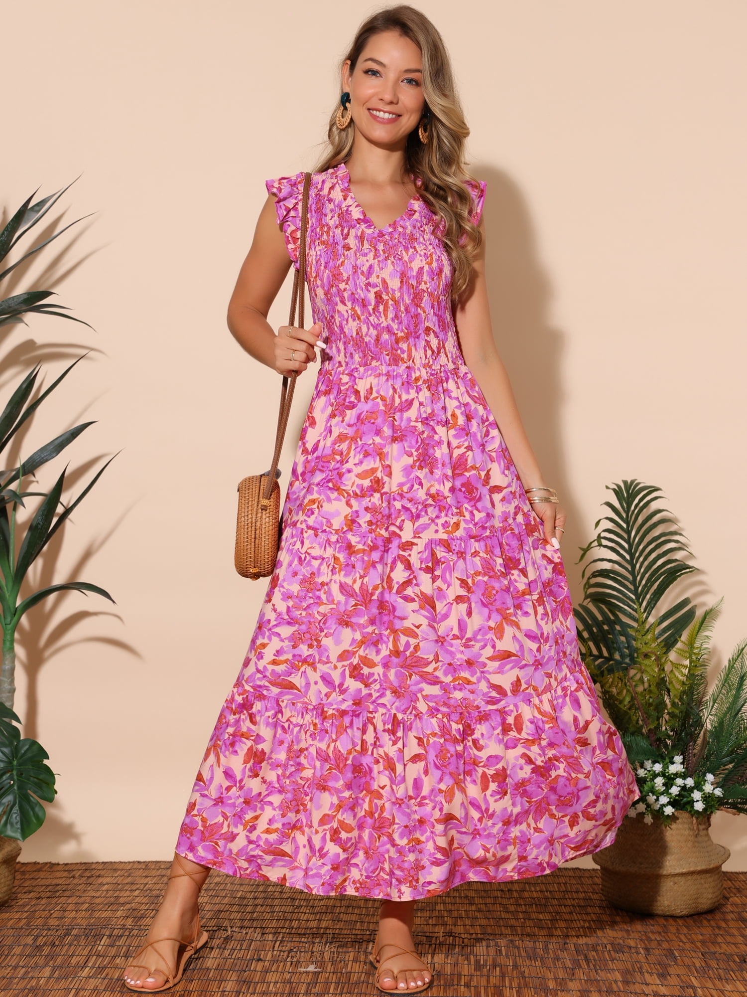 DARING DIVA V Neck Smocked Ruffle Tiered Maxi Dress L Hot Pink