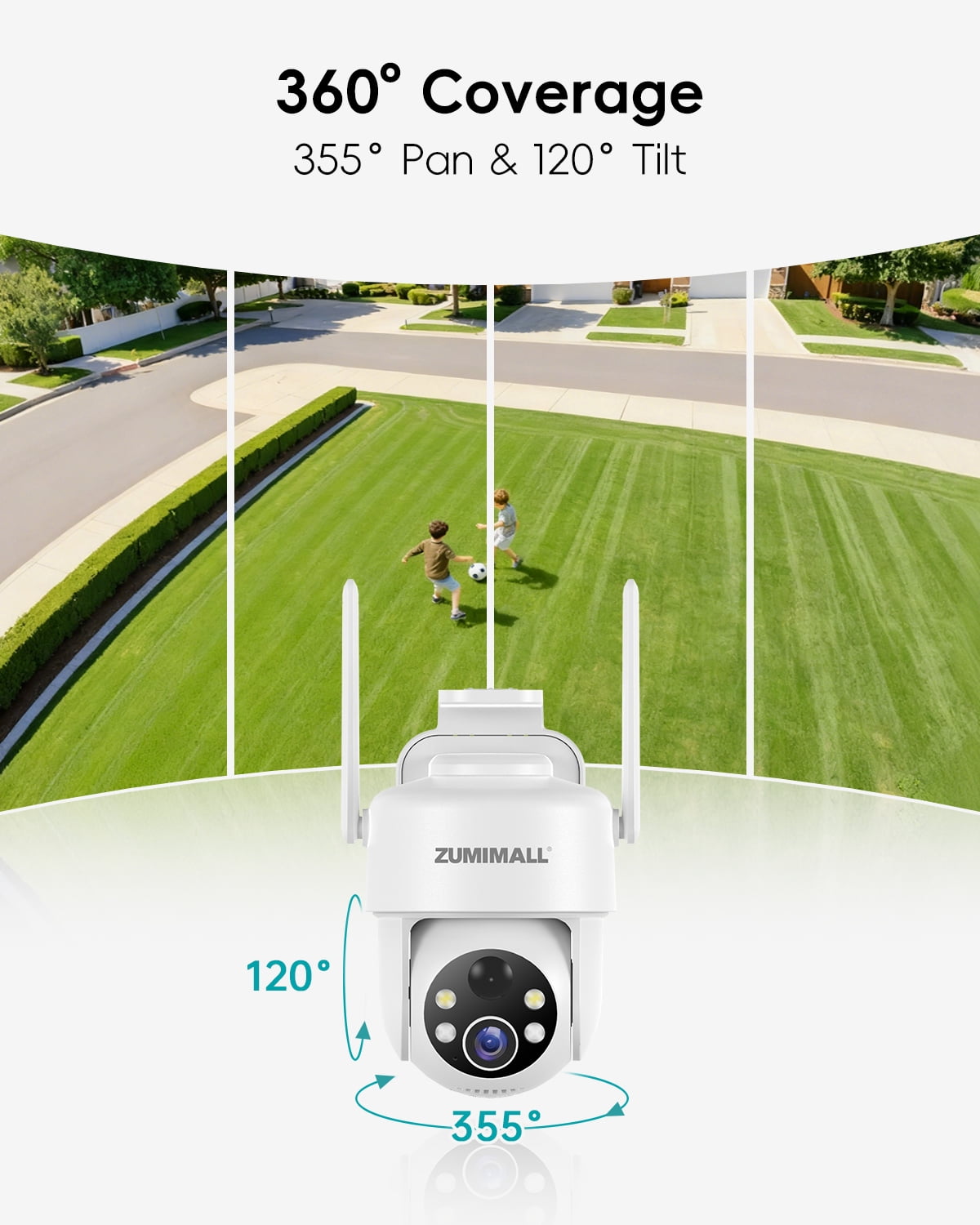 ZUMIMALL 2K Solar Security Camera Outdoor Wireless, 360° PTZ, Color Night Vision, IP66 Waterproof, 2.4GHz WiFi, Dual-Mount Solar
