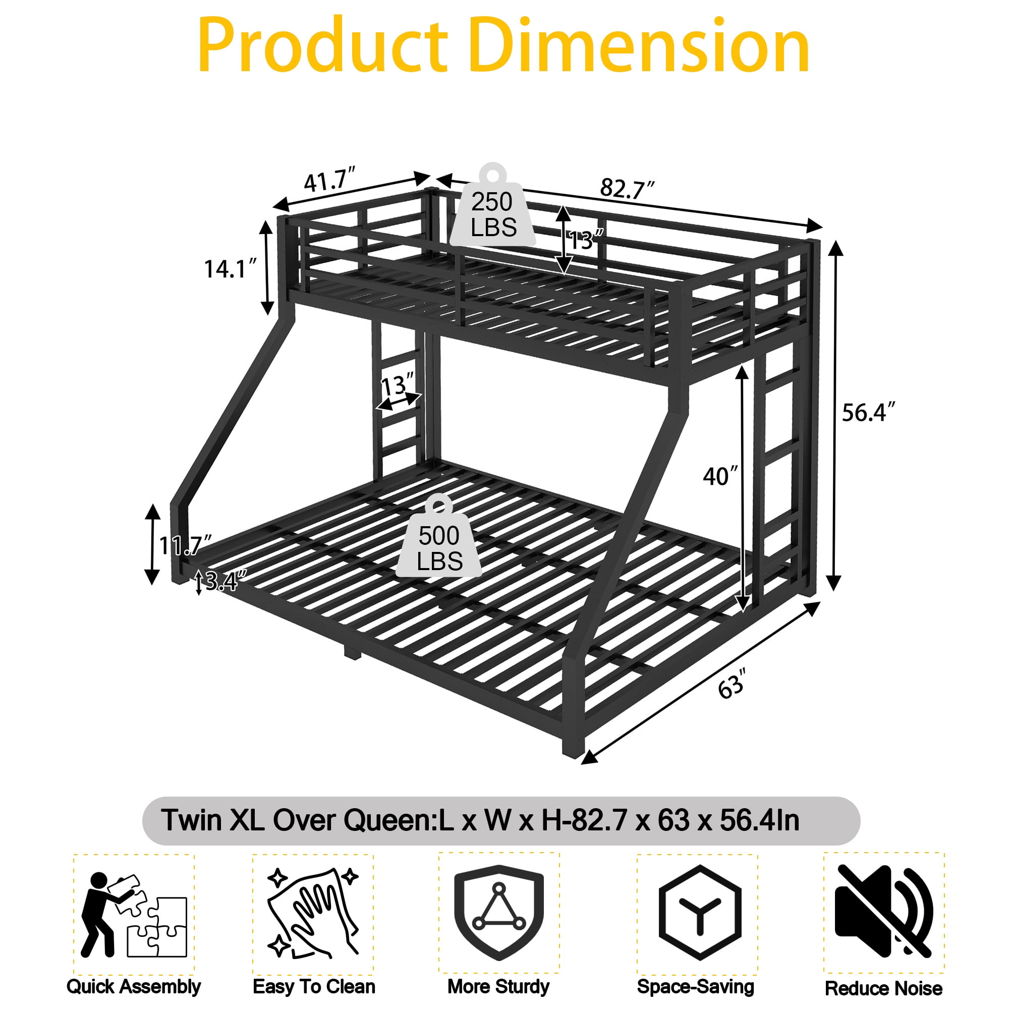 Miniyam Twin XL Over Queen Metal Bunk Bed Frame with Guardrail and Dual Ladders, Heavy-Duty Steel, Black