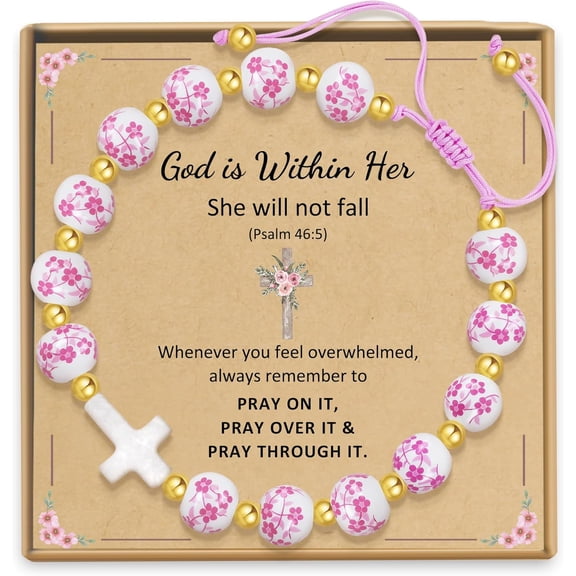 Easter Cross Bracelet for Gils - First Holy Communion Religious Gift, Pink Flower Christian Catholic Baptism Jewelry