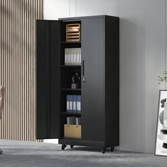 71"H Garage Storage Cabinet with Wheels and Lock, Heavy Duty Rolling Metal Cabinet, 4 Adjustable Shelves (180lb Each), 3-Point Locking Security, for Tool Organization in Garage, Workshop, Office