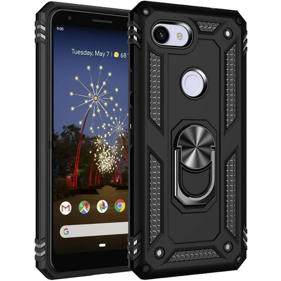 Pixel 3A Case, Extreme Protection Military Armor Dual Layer Protective Ring Kickstand Black