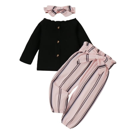 

Sunisery Newborn Baby Girls Pants Sets Long Sleeve Off Shoulder Solid Color Button Tops Long Striped Pants Headband Black 6-9 Months