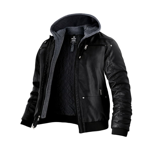 Wantdo Men's Spring Coat Faux Leather Jacket with Removable Hood Black ...