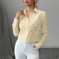 thumbnail image 5 of Babysbule Women's Long Sleeve Pearl Beaded Collared Button Down Blouse, Elegant Solid Color Casual Top for Office Party and Daily Wear, 5 of 6