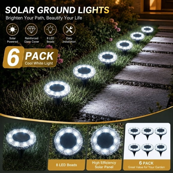 6 Pack Solar Ground Lights Outdoor, 8 LED Solar Disk Lights, IP65 Waterproof for Walkway, Lawn& Patio, Cool White