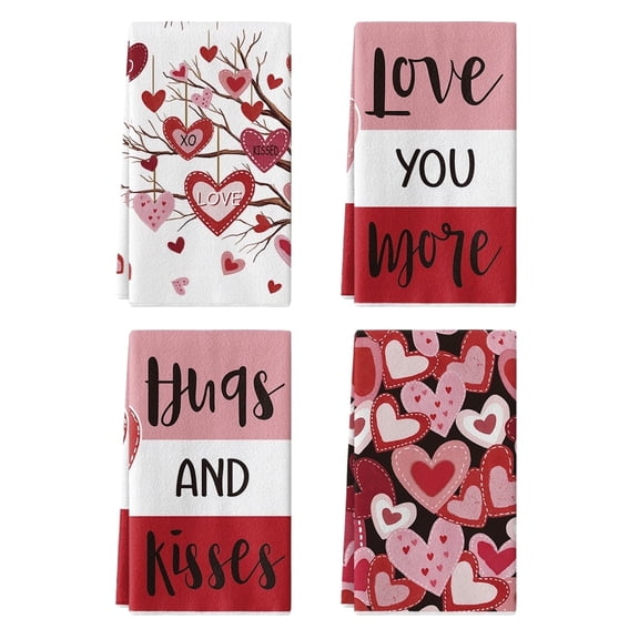 Sm:)e Valentine's Day Kitchen Dish Towels, 18x26 Inch, Set of 4, XOXO Hugs and Kisses Love Heart Tree